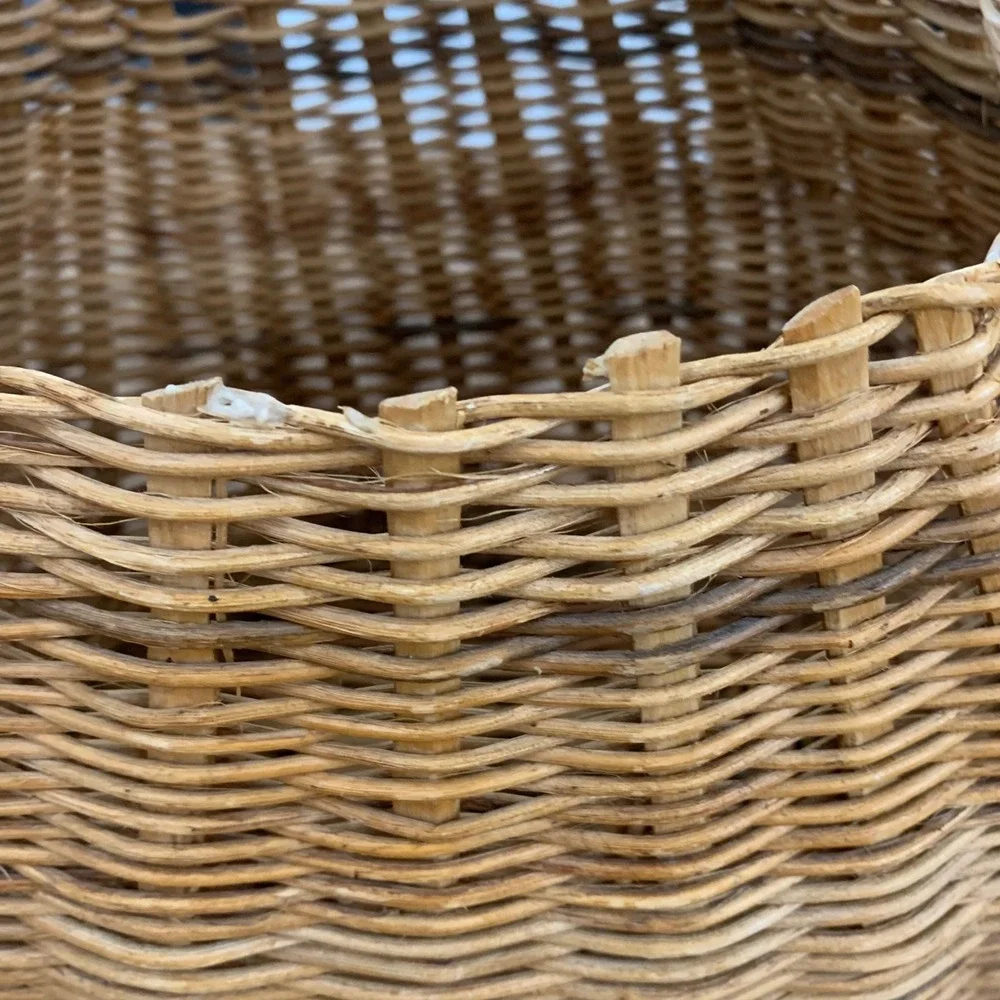 Vintage Hand Woven Wicker Basket with High Arch Handle Natural Brown Oval Rustic